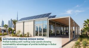 Prefab building with rooftop solar panels showing sustainability advantages of prefab buildings in Dubai