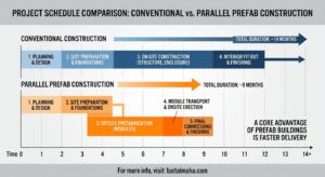 Schedule chart showing faster delivery, a core advantage of prefab buildings versus conventional construction