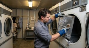 Technician cleaning dryer lint filter in a laundry cabin for labour camps during routine maintenance
