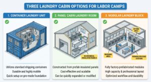 Three laundry cabin for labour camps options container unit, panel cabin, and modular laundry block