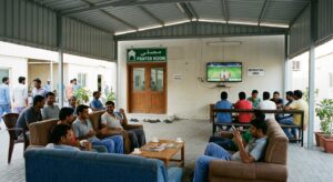 Workers relaxing in the recreation area of a labour camp in Sharjah Industrial Area